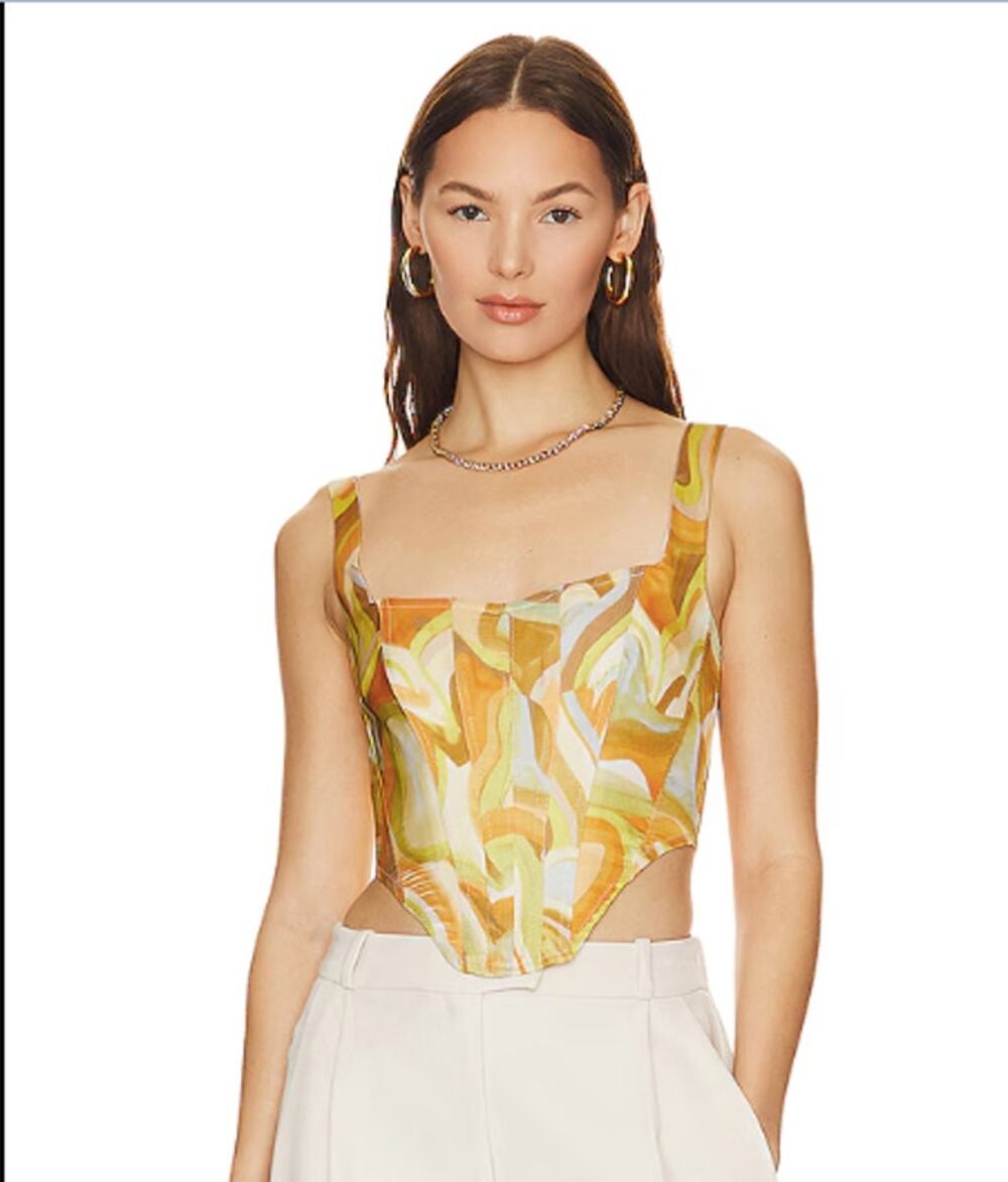Bardot Yellow Orange Swirl Satin Corset Top